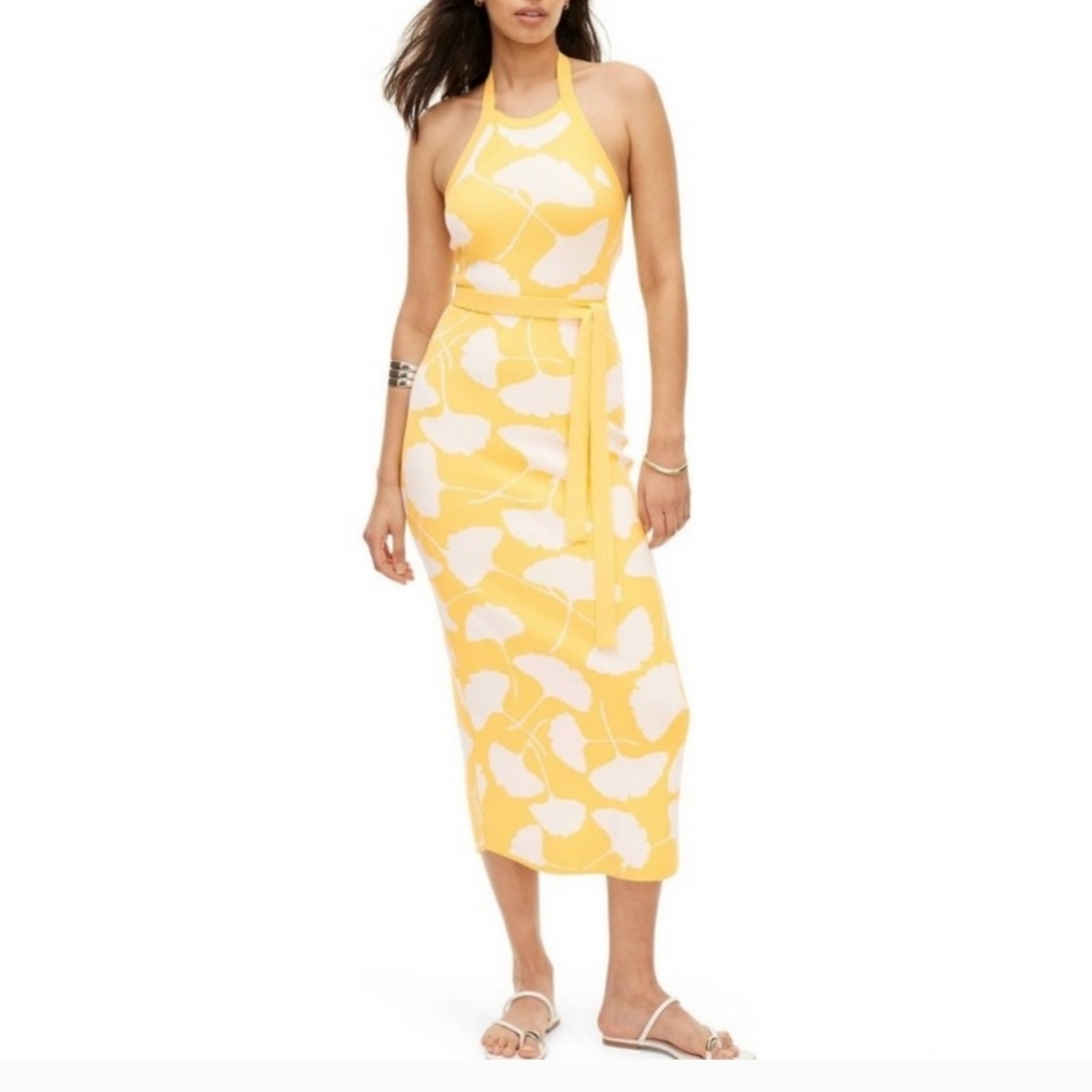 DVF Halter Tie Neck Ginkgo Yellow Sweaterknit Midi Dress Sz XXL NWT